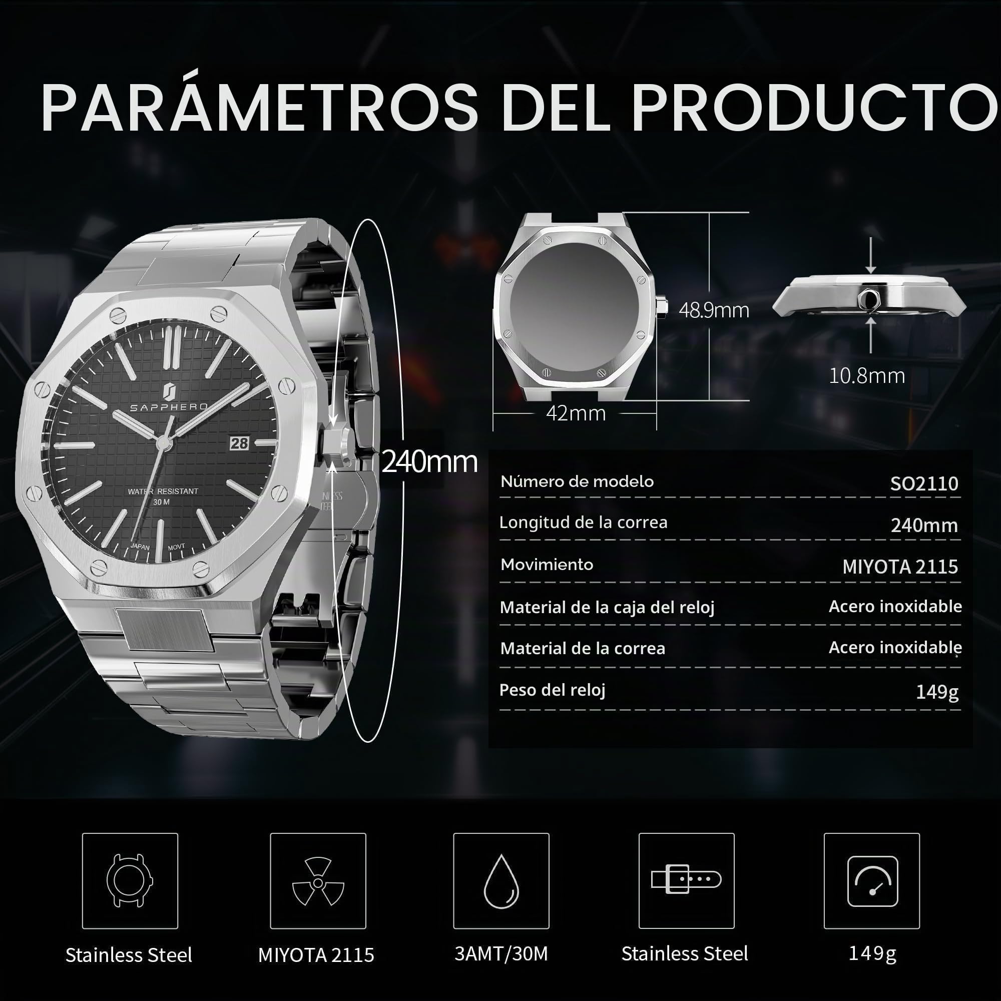 SAPPHERO Reloj Hombre Acero Inoxidable 50M Impermeable Octagonal Analógico Japonés de Cuarzo Clásico Lujo Negocios Casual Moda Relojes para Hombre Elegante Regalo