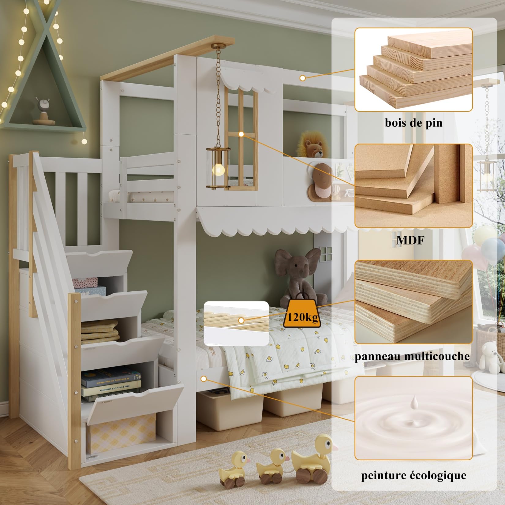 PUGSDRLY Lit Superposé Enfant 2 Places avec Fenêtre,Haute Barrière de lit,Escalier de Rangement,Feutre Décoratif,Lit Cabane Enfant 90x200 avec Sommier à Lattes,Pin(Blanc)