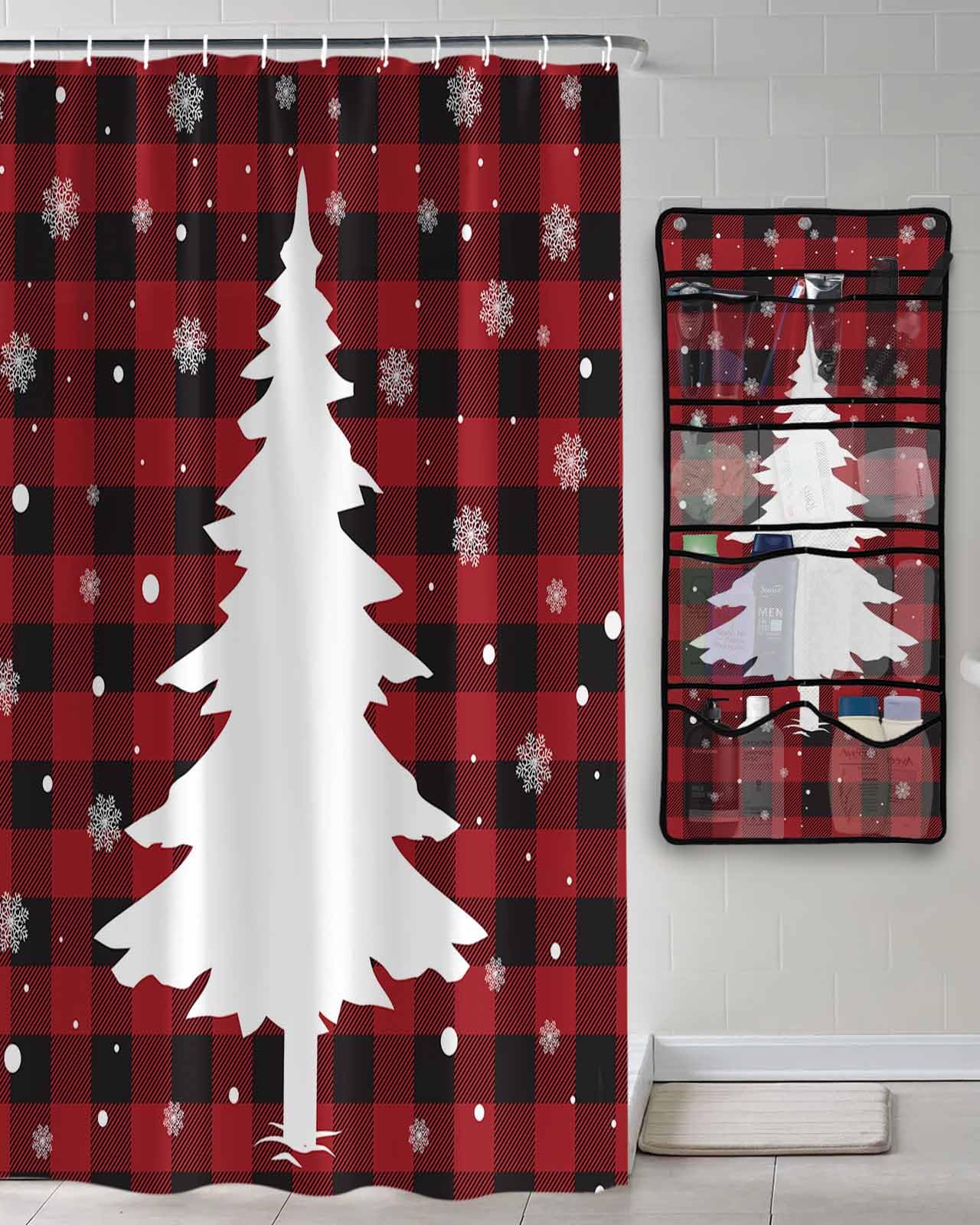 Shower Curtain Mesh Shower Organizer Hanging Set Merry Christmas Tree Red Buffalo Check Waterproof Shower Curtains with 10