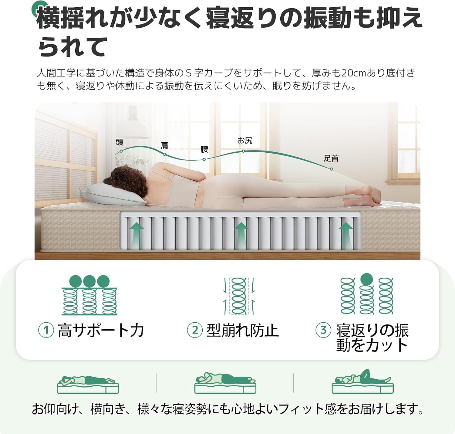 Amazon.co.jp: シングル独立コイルマットレス 厚 20cm やや硬め 180N