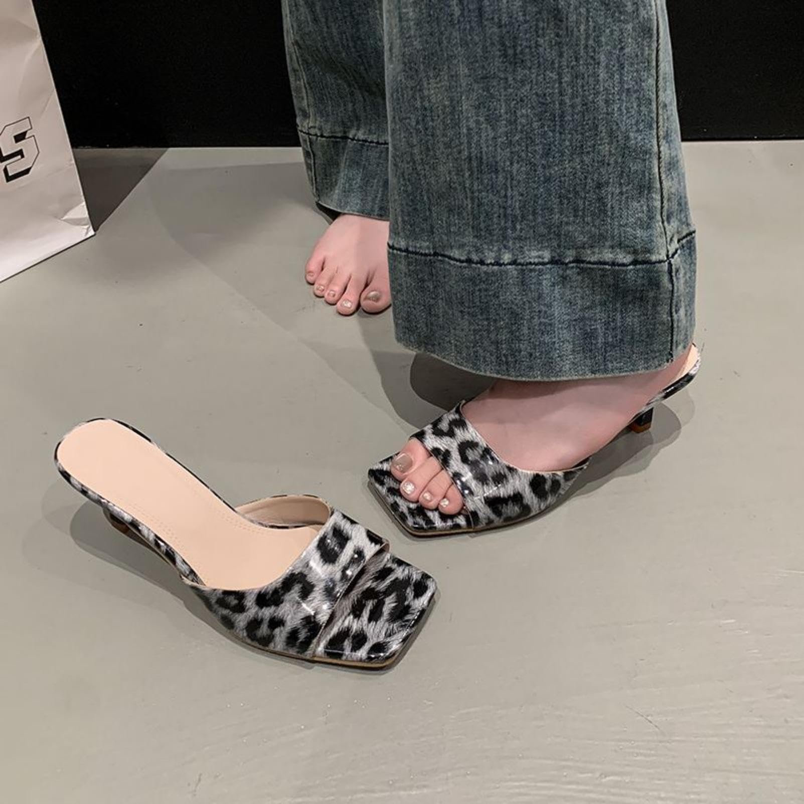 Generico Sandali Mule Donna Punta Quadrata Leopardo Tacco Basso | Sandali Mules Con Punta Aperta E Quadrata Stampa Leopardata Infilabili Tacco Kitten Basso Calzature Moda Selvaggia