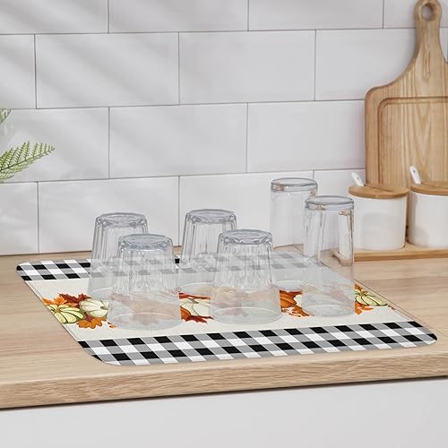 Miniatura 6 de Alfombrillas de secado de platos de calabazas de otoño para encimera de cocina, 2 piezas, búfalo a cuadros negros y blancos absorbentes de
