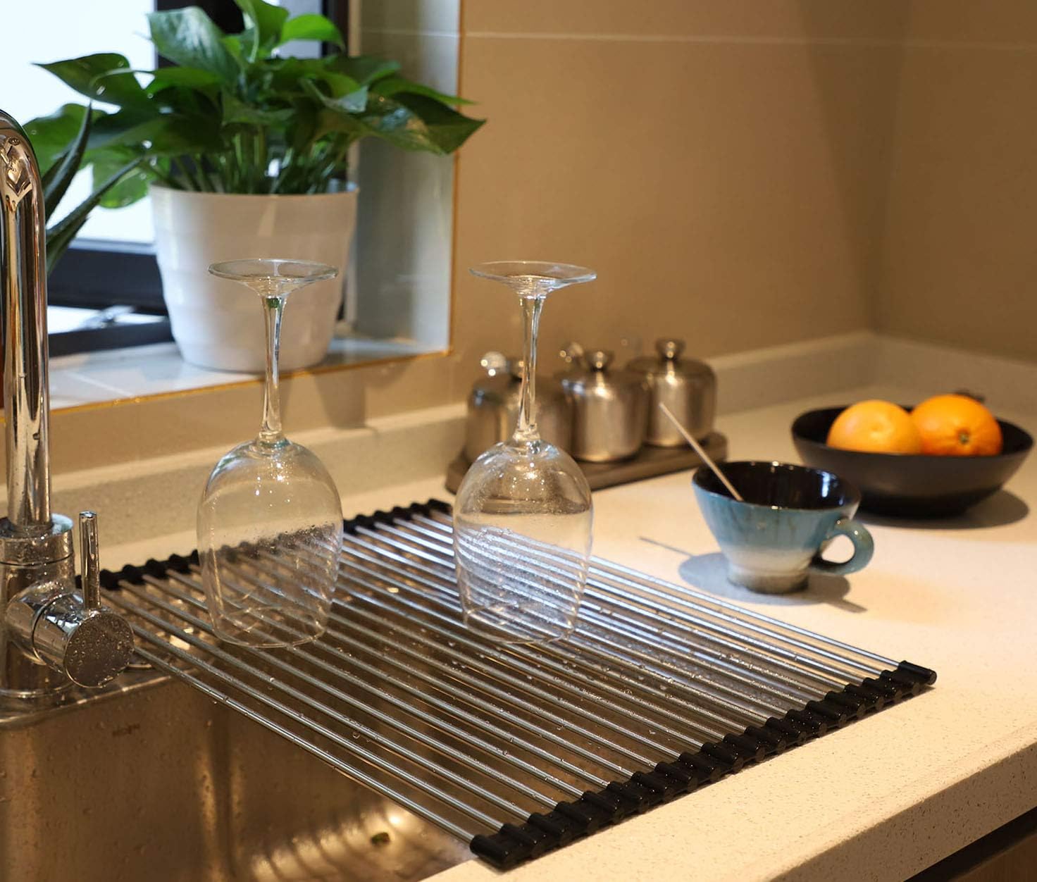 Ahyuan Roll-up Dish Drying Rack Foldable Stainless Steel Over Sink Rack Kitchen Drainer Rack Black 17.7''(L)X13''(W)
