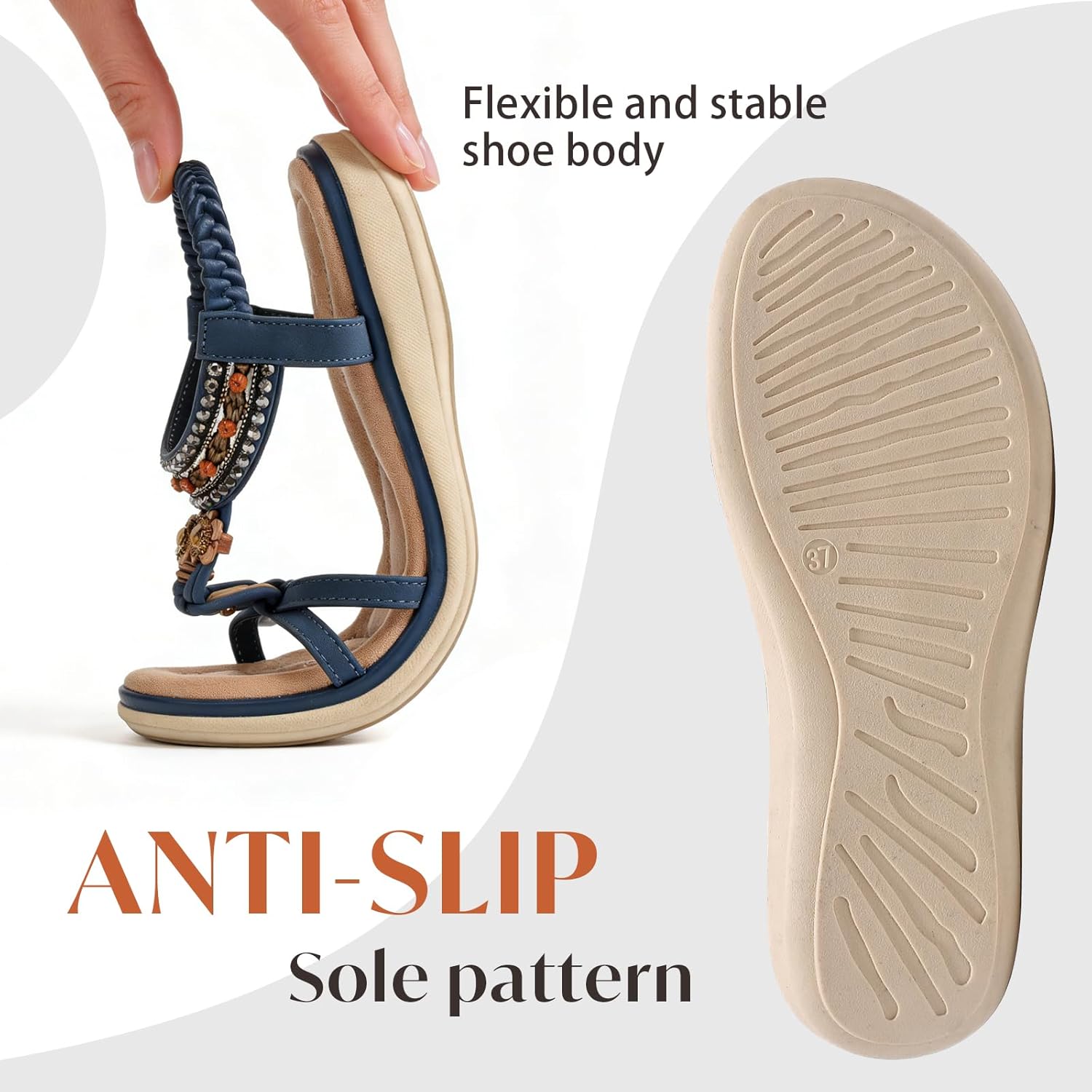 Women’s Arch Support Sandals – Comfortable Walking Summer Beach Shoes with Elastic Ankle Strap, Rhinestone Bohemian Dressy Flats for Travel & Casual Wear