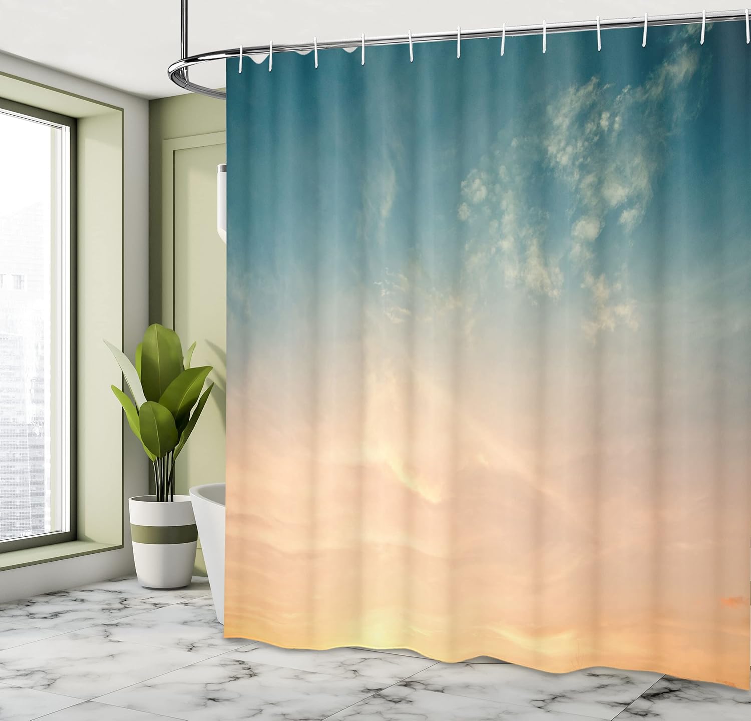 Ambesonne Sky Shower Curtain, Horizon Illustration Scenic Natural Beauties Summer Season Inspired Peaceful, Cloth Fabric Bathroom Decor Set with Hooks, 69" W x 75" L, Petrol Blue