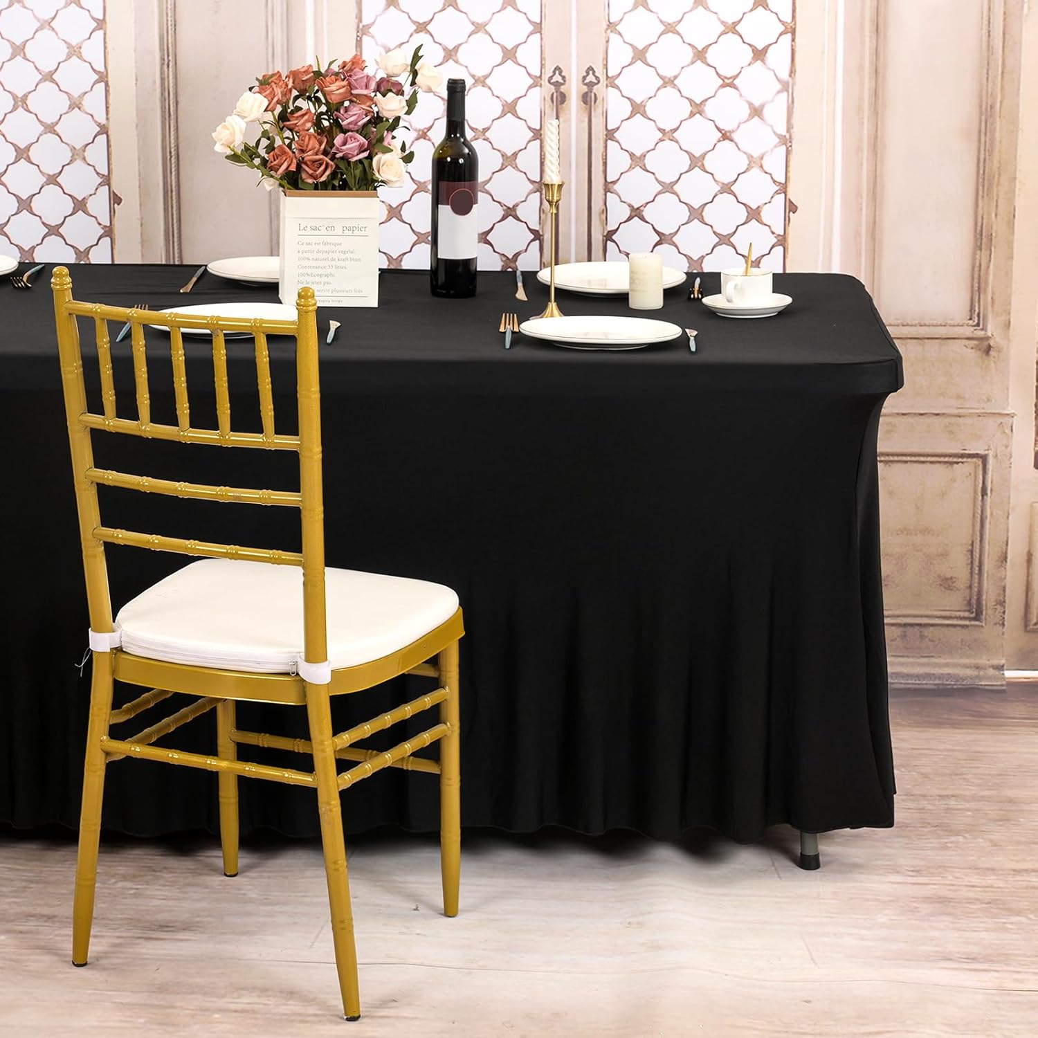 4 Pack 6Ft Spandex Table Skirts Black Stretch Tablecloth with Skirt for 6 Foot Rectangle Tables, One-Piece Wrinkle Resistant Fitted Stretchable Table Covers for Wedding Party Banquet Trade Show