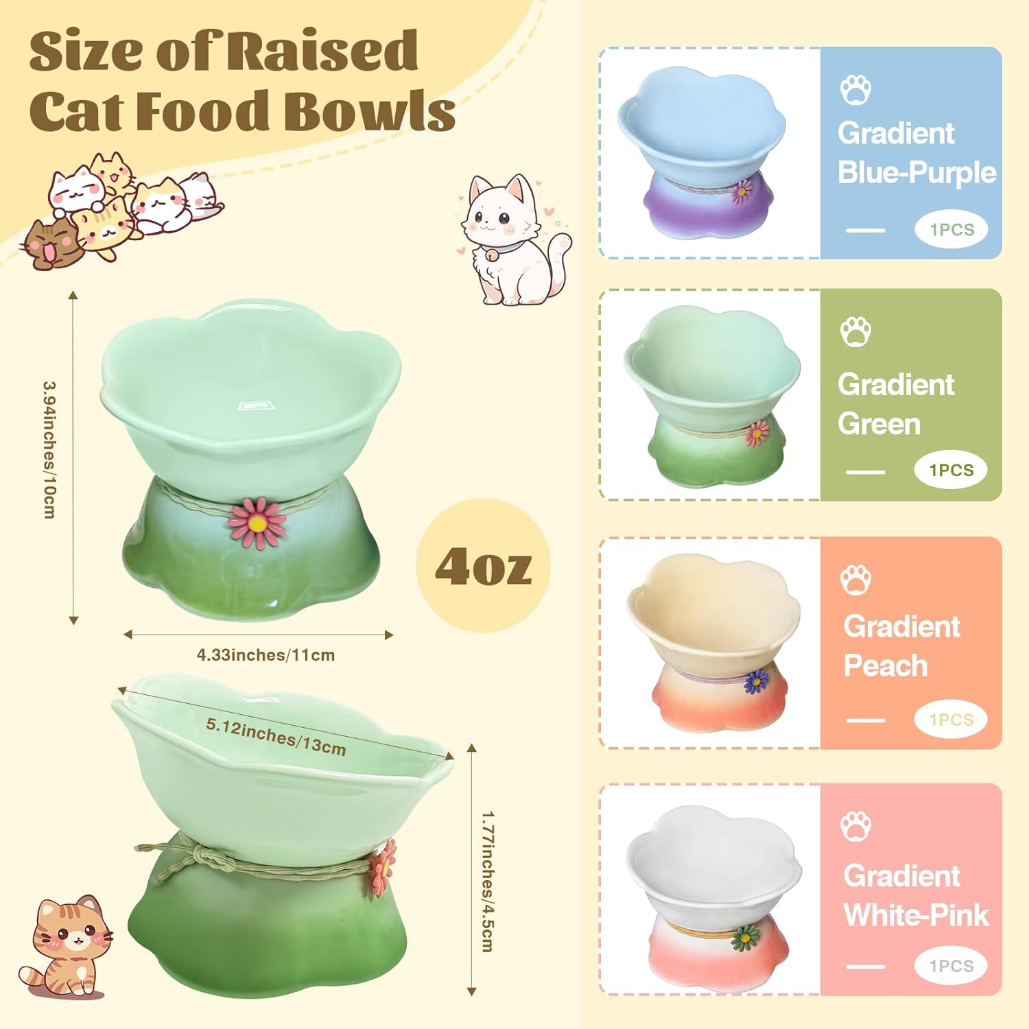 4Pcs Ceramic Raised Cat Bowl Elevated Cats Bowls Tilted Cat Food Dishes Pet Bowl Stand Feeder Cute Cats Bowl for Kittens Puppies Small Dog Whisker Fatigue Protect Kitten Spine
