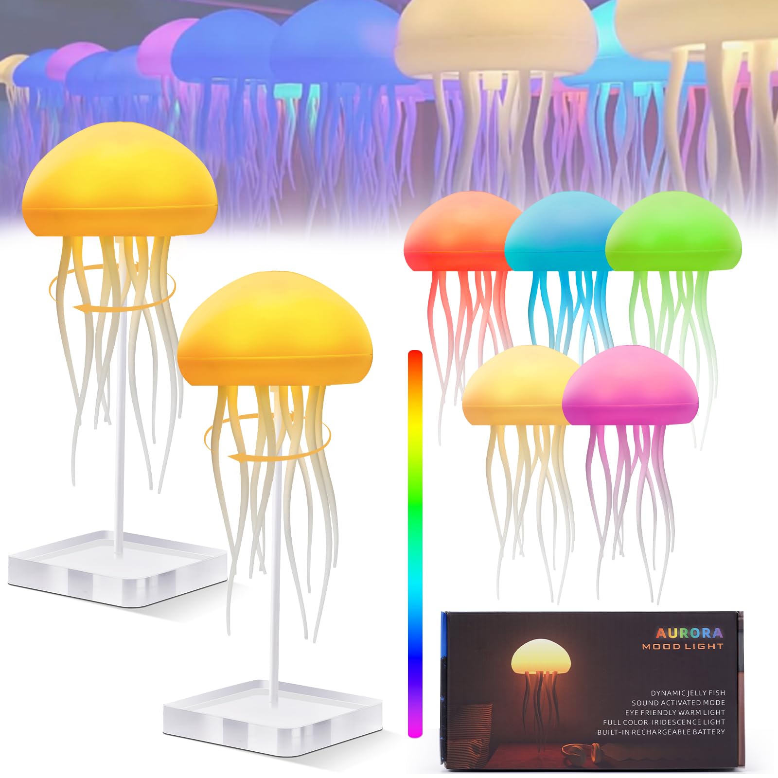 Hanging Jellyfish Lamp with Voice Activated, LED Table Lamp with Type-C Charging, 5 Colors Mood Light Nightlight for Bedroom Home Office Desktop Decoration (Hanging Base 2PCS)