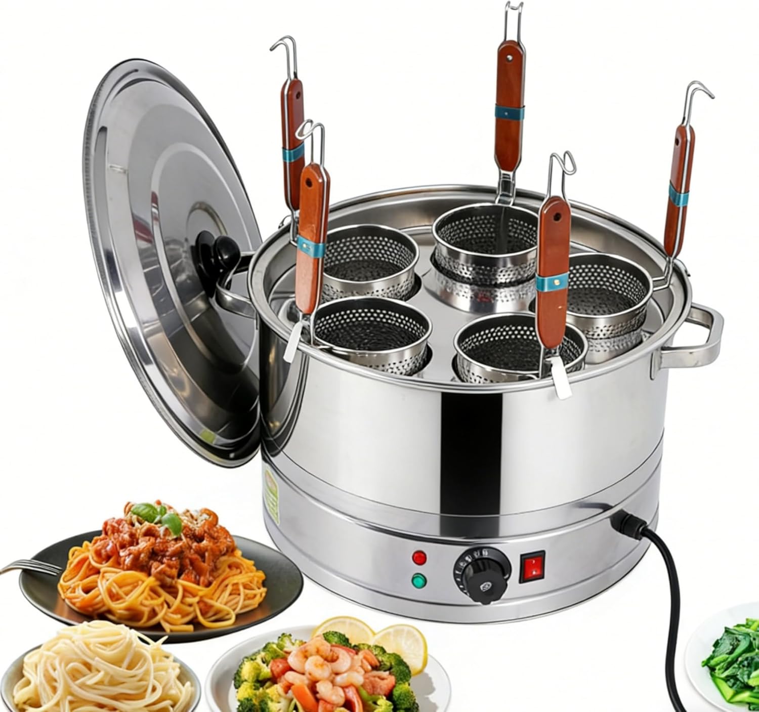 Commercial Pasta Cooker 220V 304 Stainless Steel 3800W, 5 Holes Electric Noodle Cooker with Dual Thermostats 86-248℉ & 5.6" Baskets, Heating & Insulation, Fast Cooking & Energy Saving for Restaurant