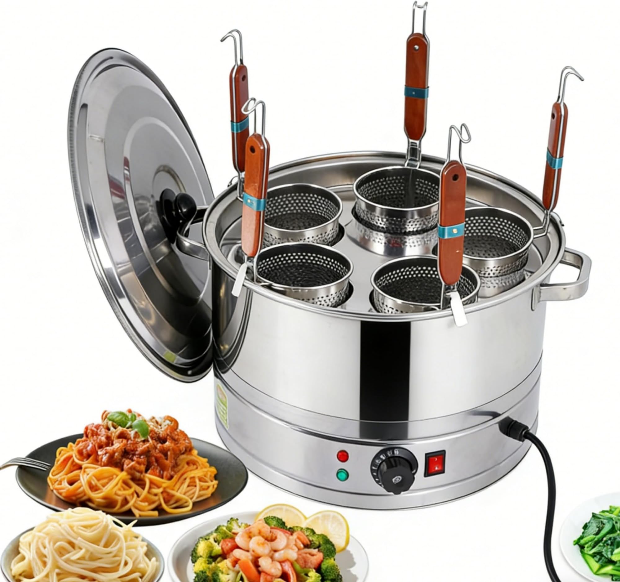 Commercial Pasta Cooker 220V 304 Stainless Steel 3800W, 5 Holes Electric Noodle Cooker with Dual Thermostats 86-248 & 5.6" Baskets, Heating & Insulation, Fast Cooking & Energy Saving for Restaurant
