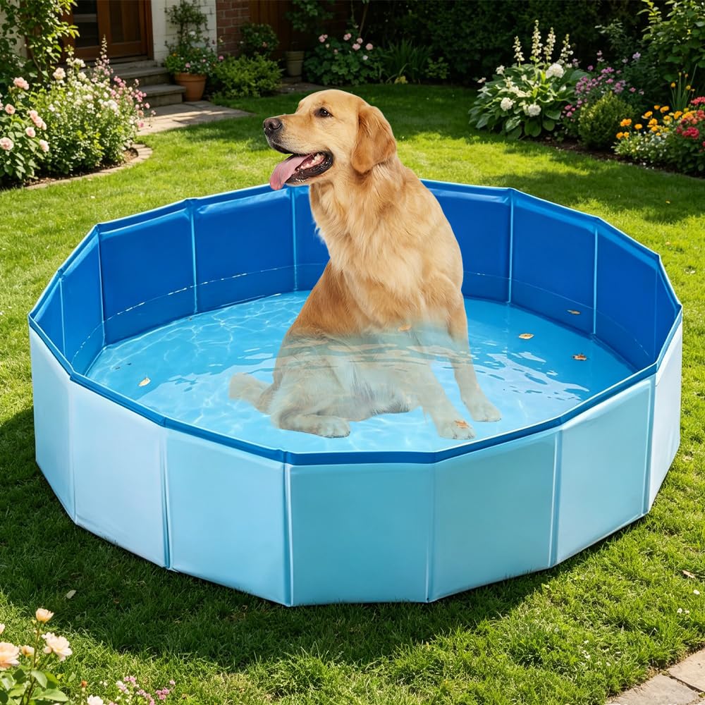 Piscina per Cani, 120 x 30 cm Piscina Cani Pieghevole con Valvola di Scaric, Piscina per Cani di Piccola, Media e Grande Taglia, Stabile PVC, Blu