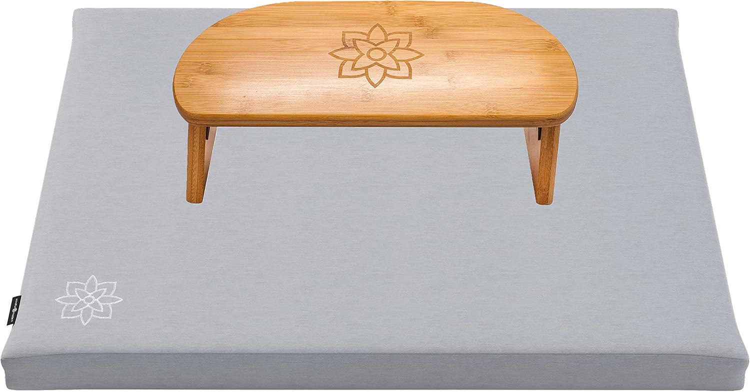 Mindful & Modern Bamboo Bench and Zabuton Meditation Mat Bundle - Small Kneeling Meditation Bench with Locking Magnetic Hinges - Wooden Kneeling Ergonomic Bamboo Seiza and Mat for Meditation