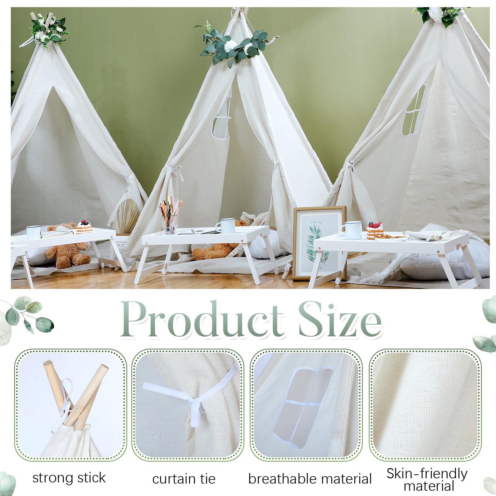 Windyun 4 Pack Teepee Tents for Kids, Play Tipi Tent for Children Boys Girls, Indoor Outdoor Toddler Sleepover Tents Foldable Washable Cotton Canvas Playhouse for Slumber Party (Beige,63 Inch)