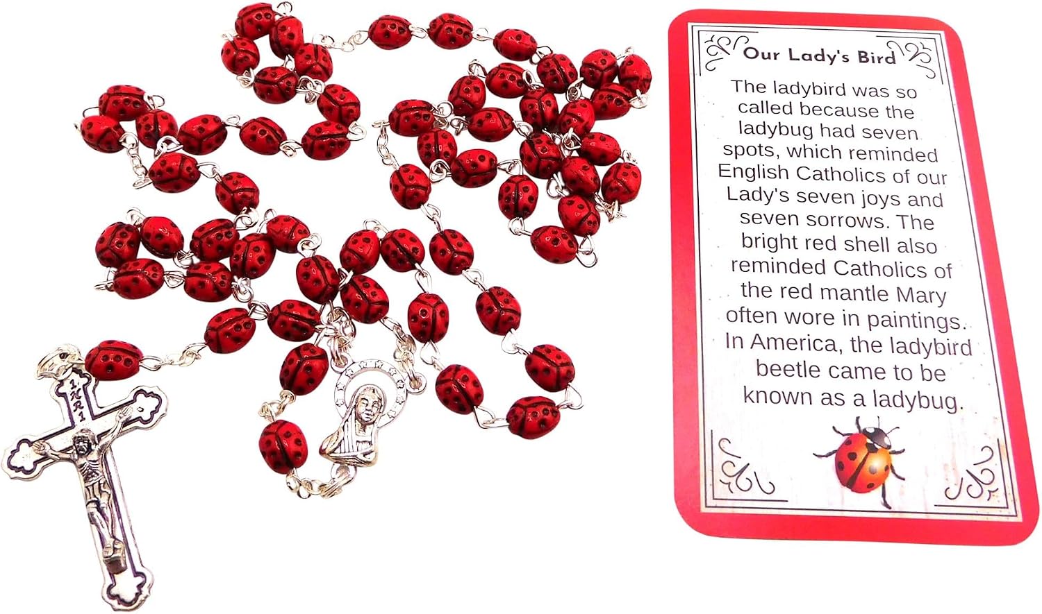 Westmon Works Ladybug Rosary Metal Hand Painted Catholic Prayer Set with Matching Case and Holy Card Made in Italy
