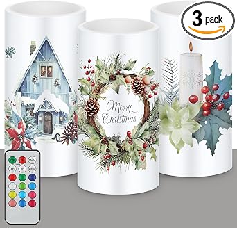 Retisee 3 Pcs Farmhouse Christmas Flameless Candles with Remote Rustic Christmas Battery Operated LED Candles Farmhouse Xmas Decor for Rustic Xmas Holiday Dining Table Bedroom Living Room