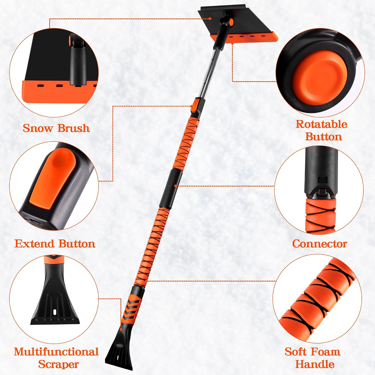 HEQIEBXK Snow Brush Car Ice Scraper - Extendable 52.7” Windshield Snow Broom with Foam Grip No Scratch for Truck, SUV