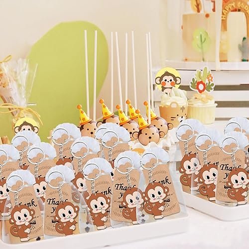 Miniatura 6 de Elecrainbow El paquete de 60 recuerdos de fiesta de mono incluye 20 llaveros de mono, 20 etiquetas de agradecimiento, 20 bolsas de regalo para