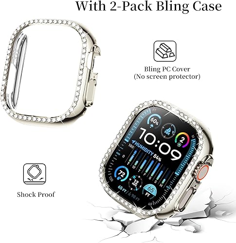 Miniatura 4 de SUPOIX Compatible con Apple Watch Band de 1.929 in + funda, bandas de metal con diamantes brillantes para mujer y paquete de 2 fundas protectoras
