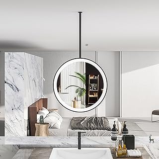 照明付きラウンド吊り下げミラー、バスルーム化粧台メイクアップミラー、金属フレームとシングルロッド、天井取り付け吊り下げミラー廊下装飾(Diameter-50CM/19.7INCH)