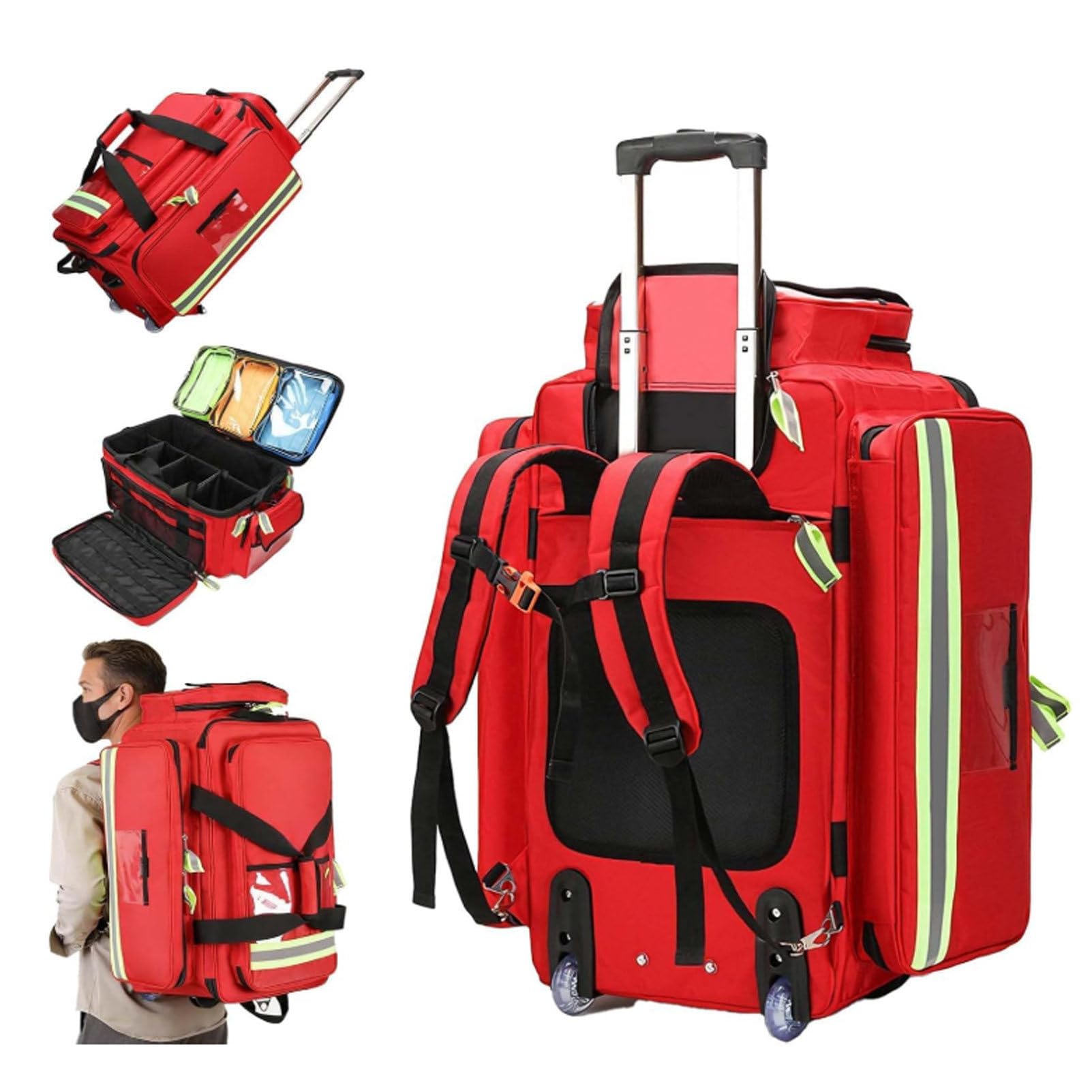 Maletín médico con Ruedas para Equipos de Primera Respuesta (vacío), con Compartimentos y Bandas Reflectantes; Fabricado en Tela Oxford 1800D de Gran Capacidad; Ideal para técnicos Red-66cm