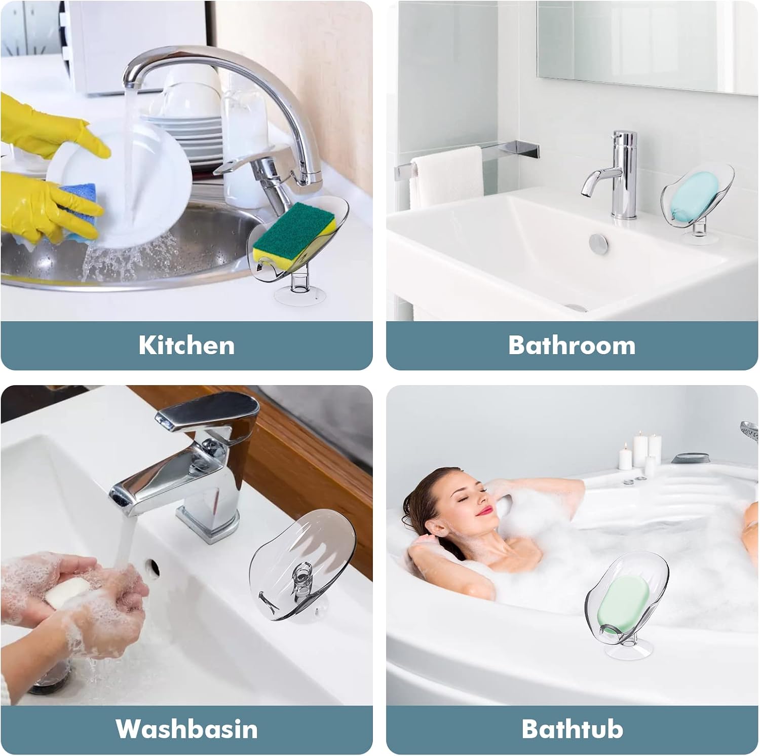 NPET Not Punched Self Draining Plastic Soap Dish Holder with Enlarged Suction Cup,Portable Soap Tray for Bathroom Shower, Kitchen Sink, Save Space and Soap (2, 2 Clear)