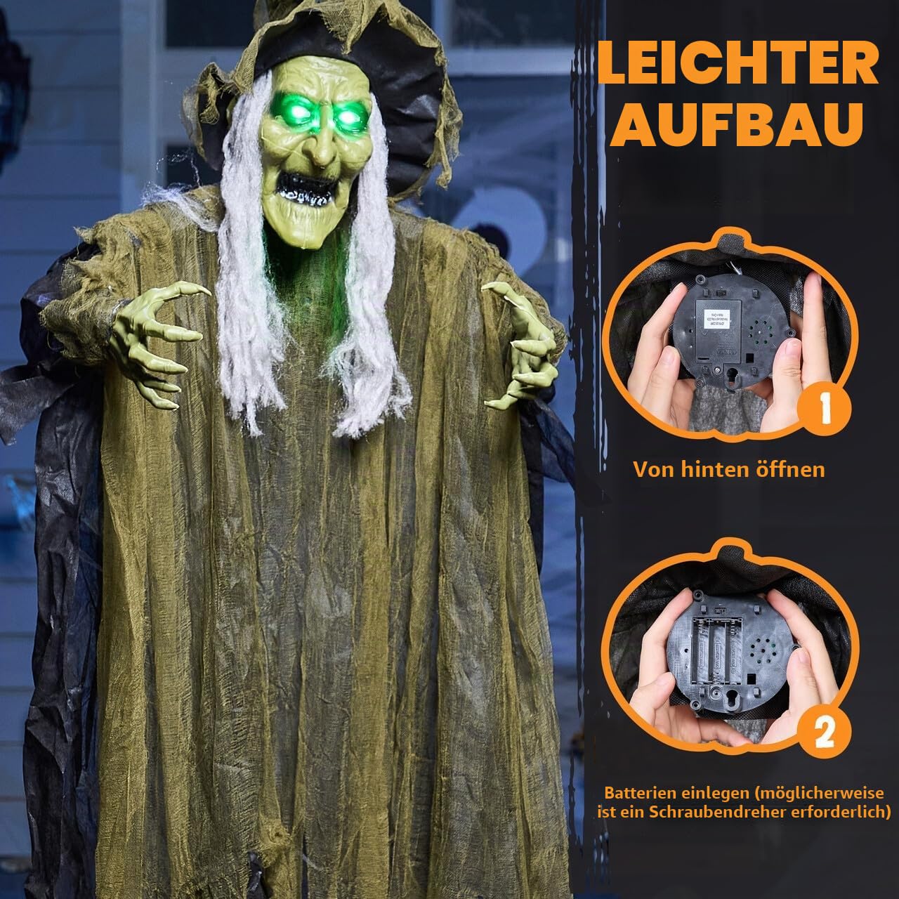 JOYIN Halloween Hexen Dekoration zum Aufhängen, 170 cm, braunes zerlumptes Gewand, mit Licht und Ton (durch Ton aktiviert), gruselige, animierte Halloween Dekoration für Party-Requisiten im Freien