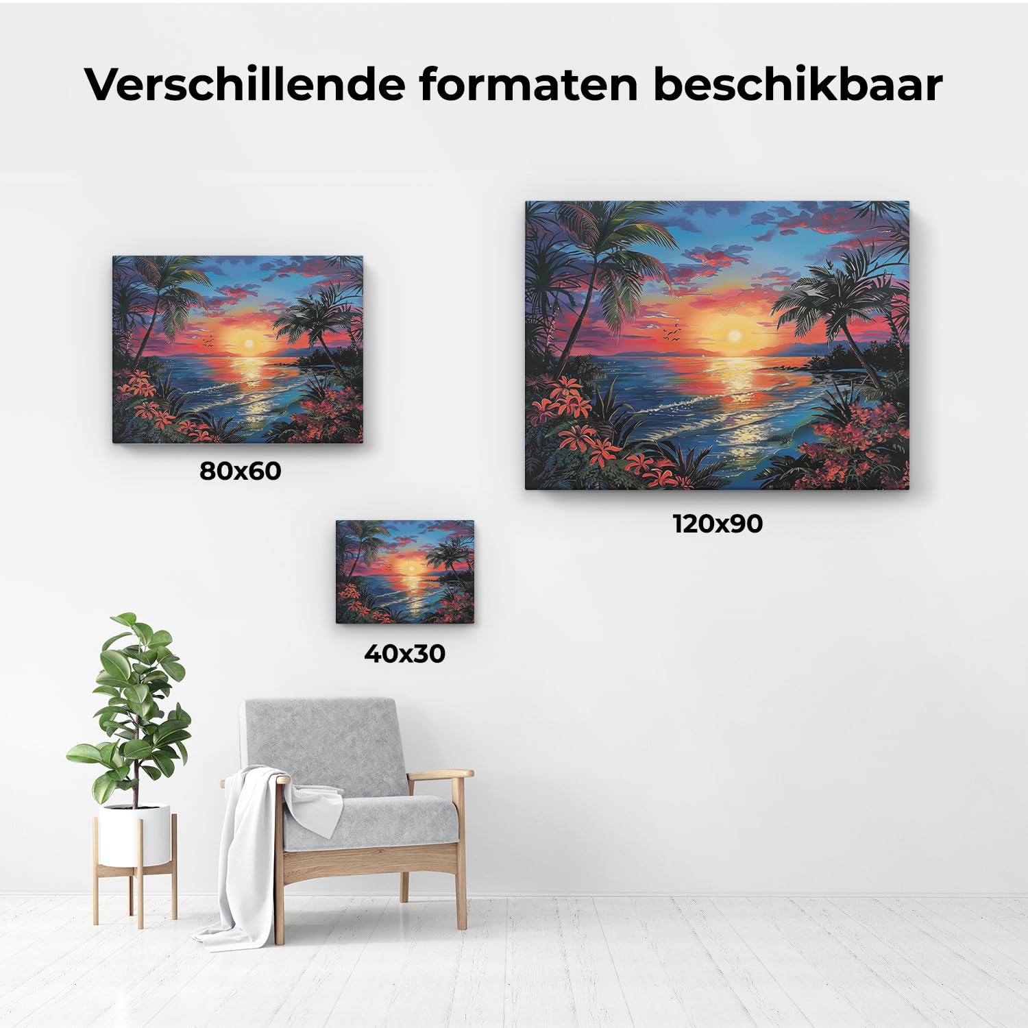 Artaza Leinwand Bilder Sonnenuntergang Meer - 80x60 cm - Wanddeko Strand - Wandbilder Palmen - Deko Wohnzimmer