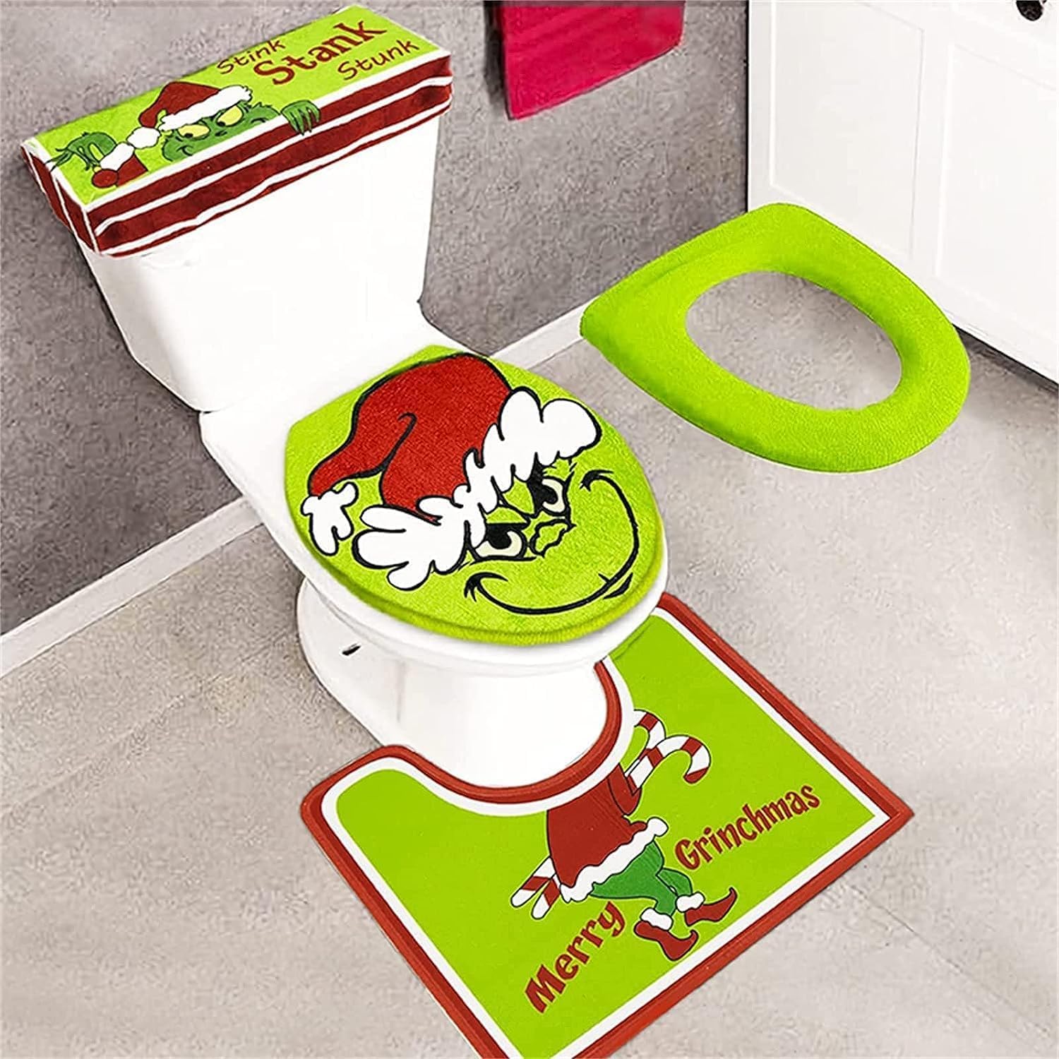 Christmas Grinch Decor Toilet Seat Cover Bathroom Set of 4, Bath Mats ...