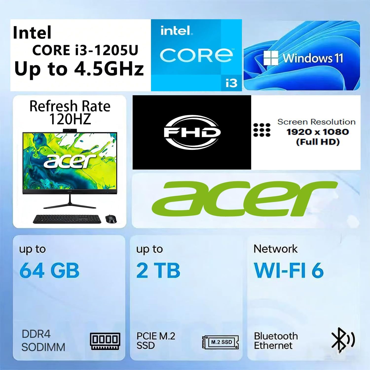 acer Aspire C24 All-in-One Desktop | 23.8" FHD IPS 120Hz Display | Intel Core i3-1305U (Up to 4.5GHz) | 16GB DDR4 RAM | 512GB SSD | Office 365 for The Web | Wireless Keyboard & Mouse | Wi-Fi 6