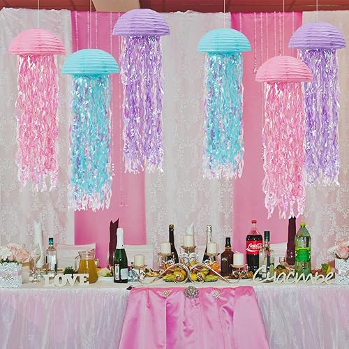Miniatura 6 de Decoraciones de cumpleaños de sirena, faroles de papel de medusas, farol colgante de color rosa lavanda azul para baby shower con temática de sirena
