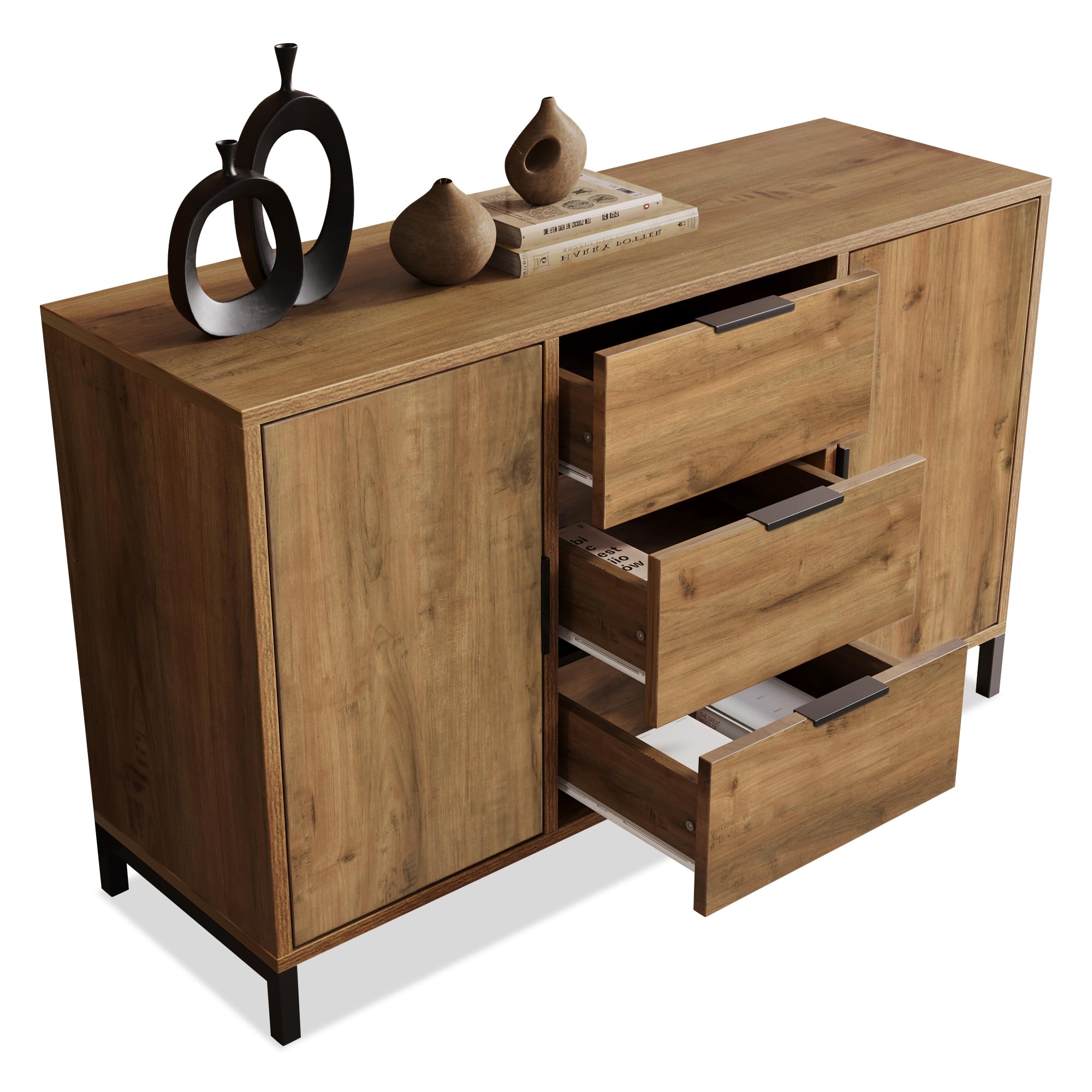 Buffet à 2 portes et 3 tiroirs, commode avec étagère réglable en hauteur, haut au design industriel, armoire polyvalente pour chambre ou salon, 120 cm de large