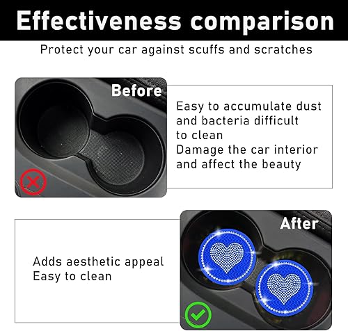 Miniatura 5 de 2 posavasos brillantes para automóvil, 2.75 pulgadas, con diamantes de imitación, tapete antideslizante e impermeable de cristal, accesorios