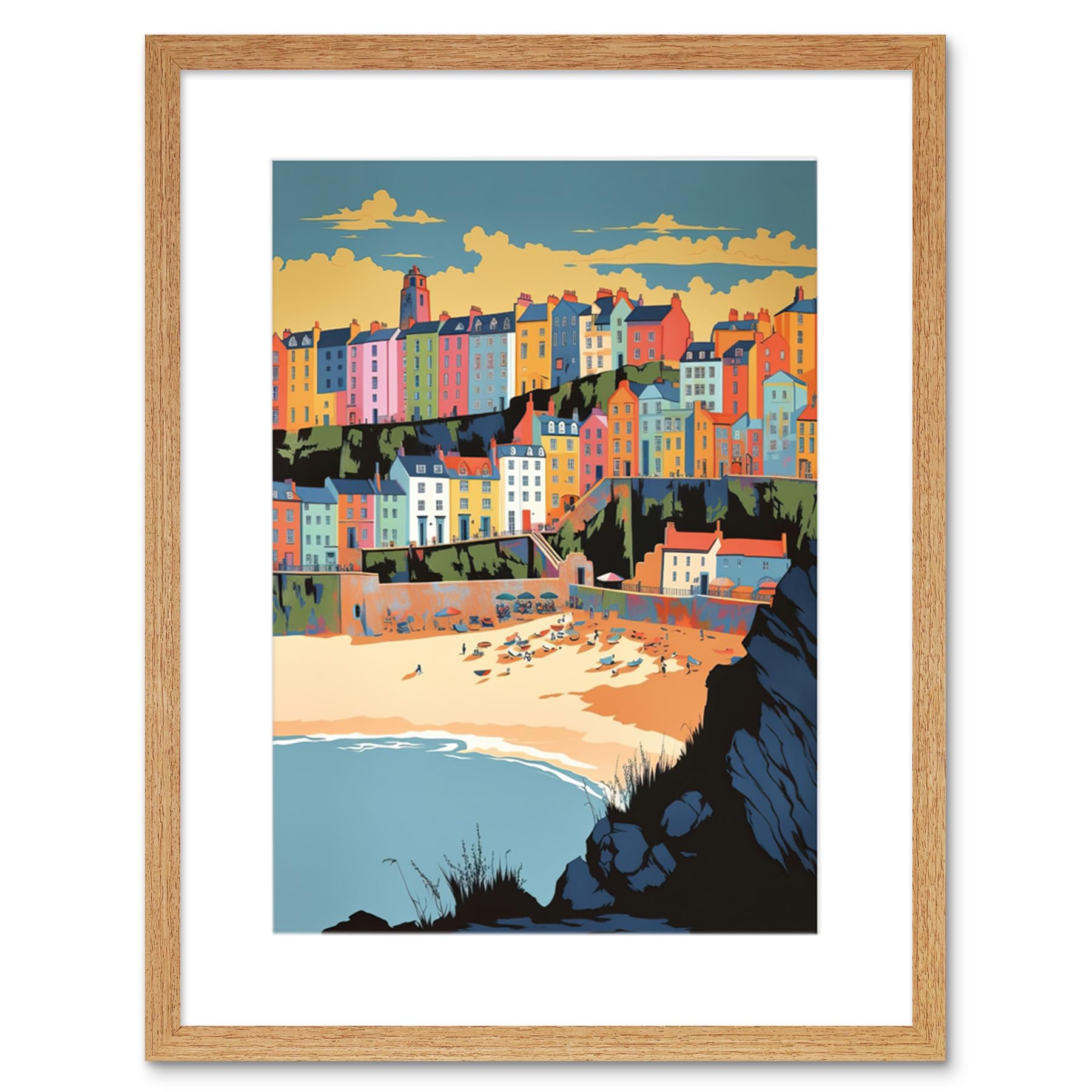 Artery8 Tenby Castle Beach Coastal Town Summer in Wales Artwork Framed Wall Art Print 9X7 Inch