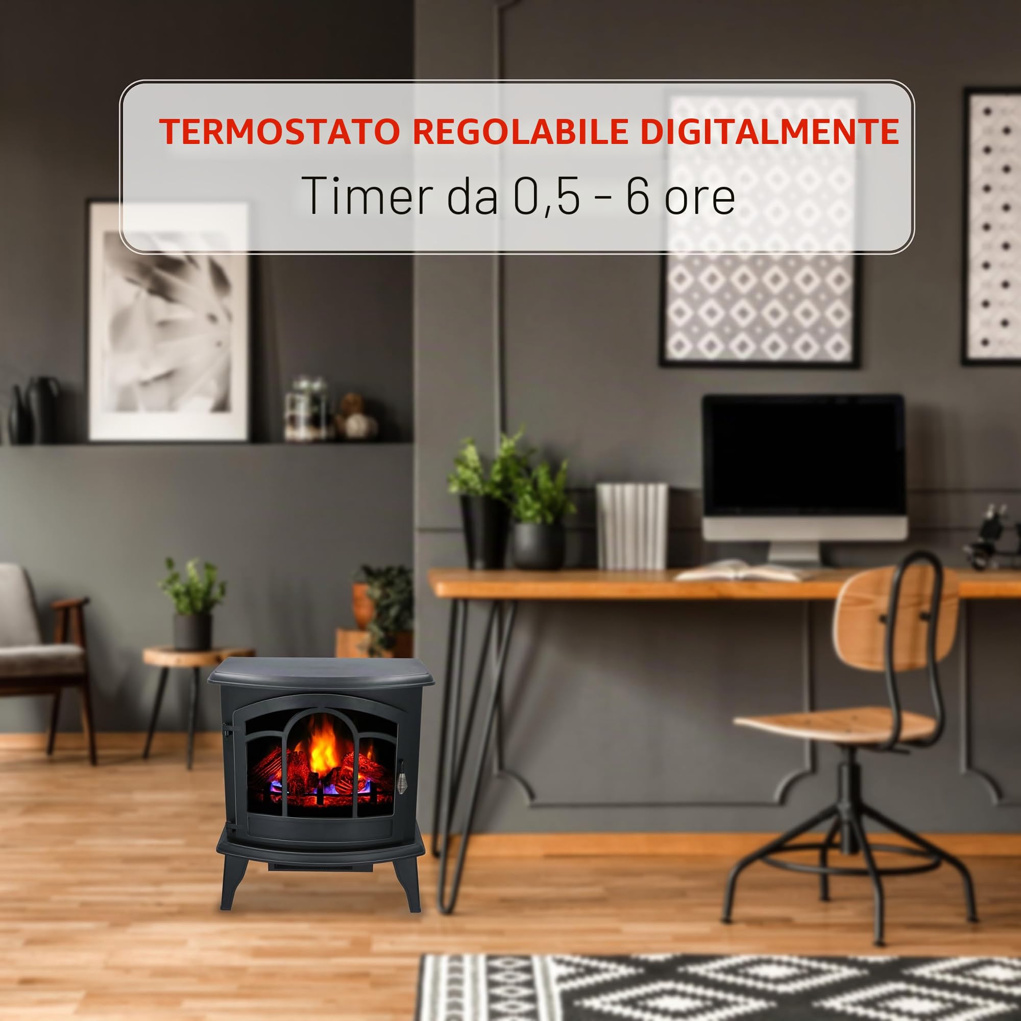 alpina Vicenza Camineo Elettrico - Caminetto Elettrico con Riscaldamento, Telecomando e Timer - Stufa Elettrica con Fiamme LED - 2000W - Libera Installazione - Nero
