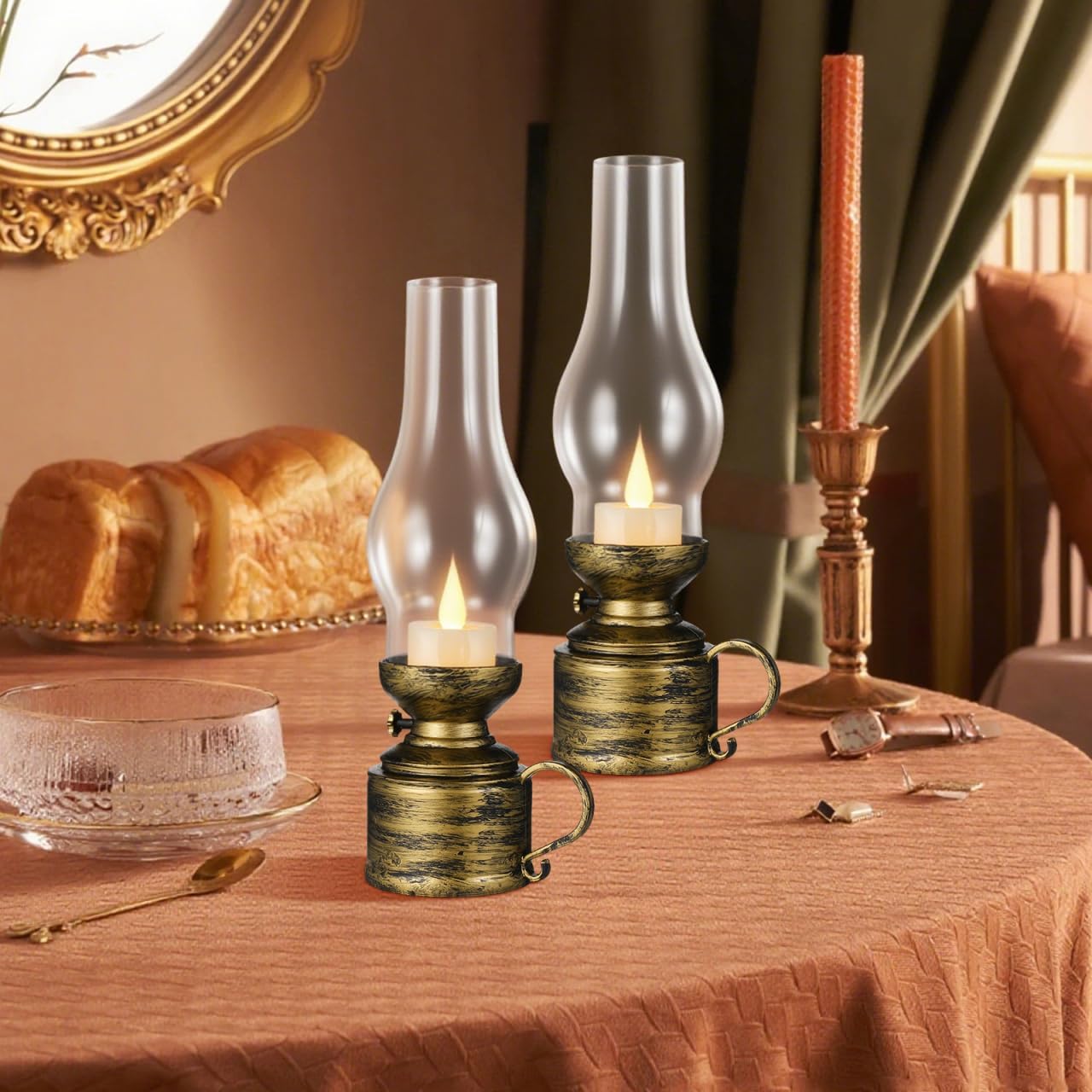 Zerodeko 2Pcs Kerosene Lamp Vintage Flameless Table Lamp, Led Kerosene Lantern Clear Hurricane Lamp Battery Operated Nightstand for Bedroom Living Room (Bronze)