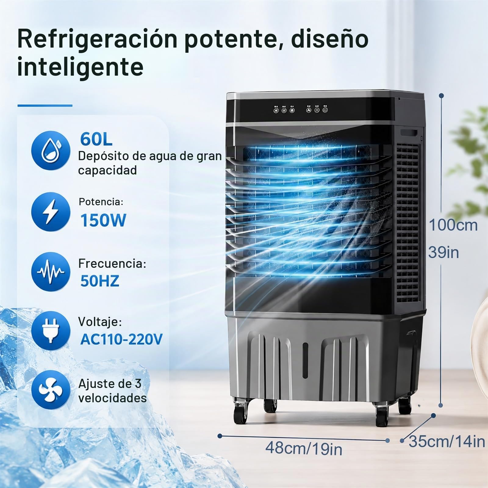 Climatizador Evaporativo Industrial 5500 CFM, Aire Portatil Acondicionado con Depósito de Agua de 60 L, 4 Paquetes Hielo, Control Remoto y Temporizador 8 Horas, Apto para Uso Comercial
