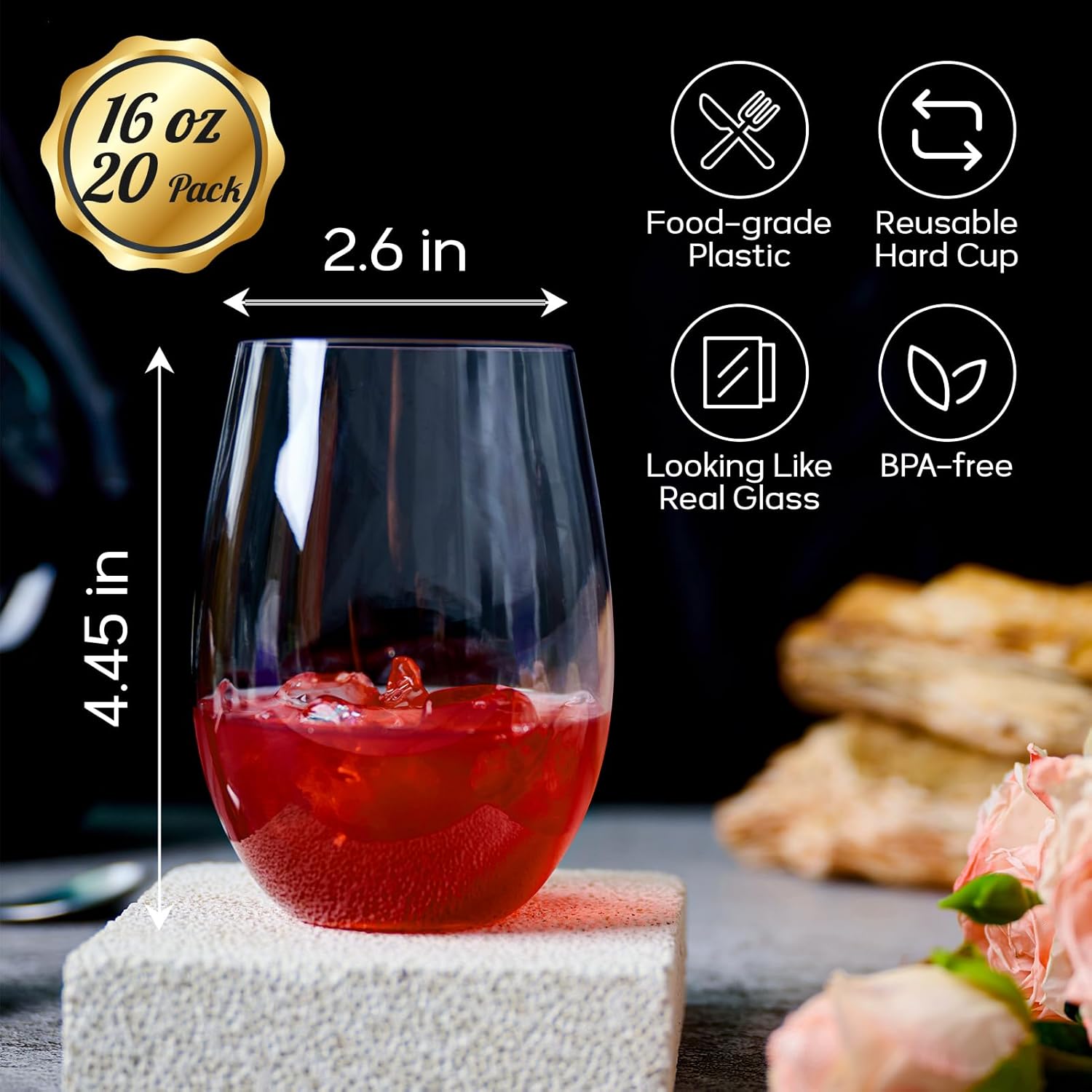 FOCUSLINE 20 Pack 16 Oz Plastic Wine Glasses, Stemless Plastic Wine Cups Heavy Duty, Unbreakable Disposable Wine Glasses for Wedding or Party - Image 2