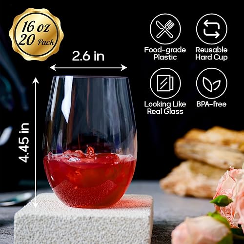 Miniatura 10 de FOCUSLINE Paquete de 32 copas de vino de plástico de 12 onzas  Copas de vino desechables sin tallo, de plástico con borde dorado, copas de vino