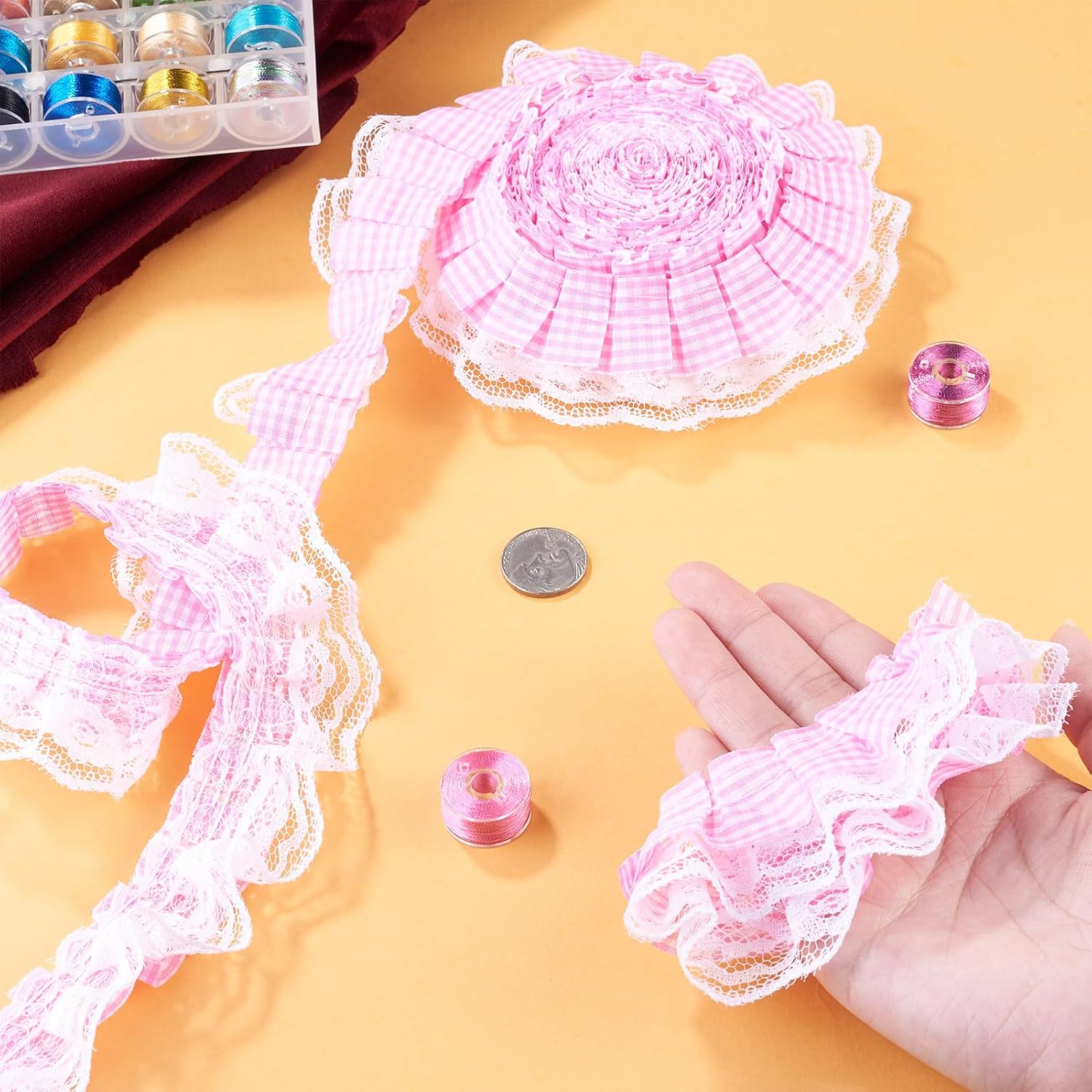FASHEWELRY 12.5 Yards Gingham Ruffle Pleated Lace Trim Ribbon 4cm Lace Edge Trimming Fabric Embellishments 1.57 inch Tartan Polyester Ribbon for Cloth Dress Sewing Accessories, Pink