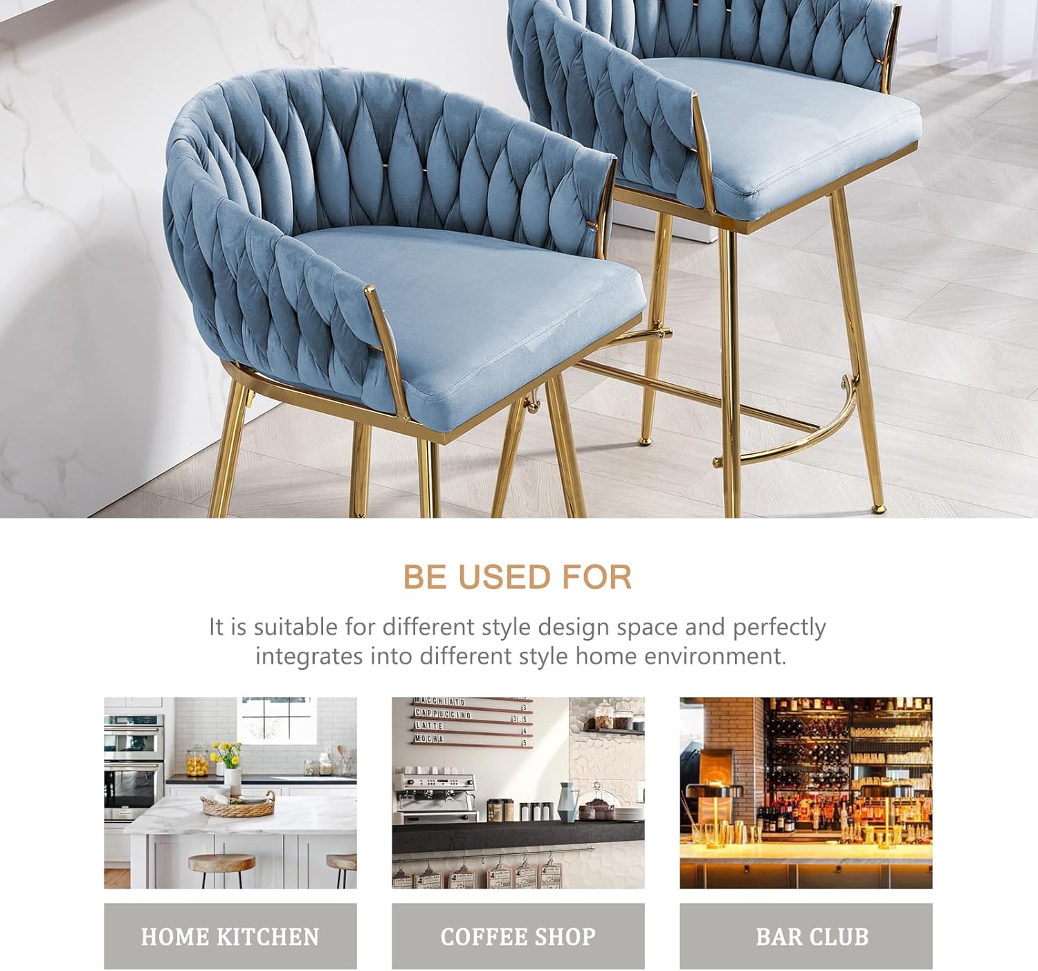 Kiztir Velvet Bar Stools Set of 2, Counter Height Bar Stools with Gold Metal Legs, Modern Bar Stools with Woven Back and Footrest for Kitchen Island, Cafe, Pub (Blue, Set of 2)