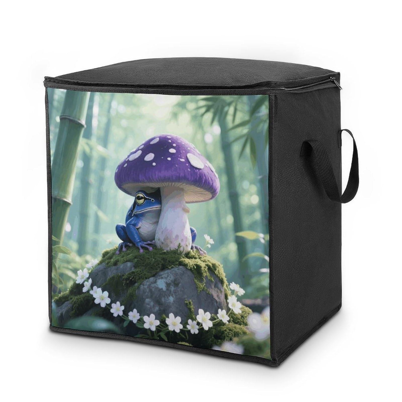 Frog Mushroom Aesthetic Large Storage Bags with Zippered Storage Organizers Bag Clothes Storages Bins with Lids Foldable Storages Containers with Reinforced Handles for Blanket Bedding