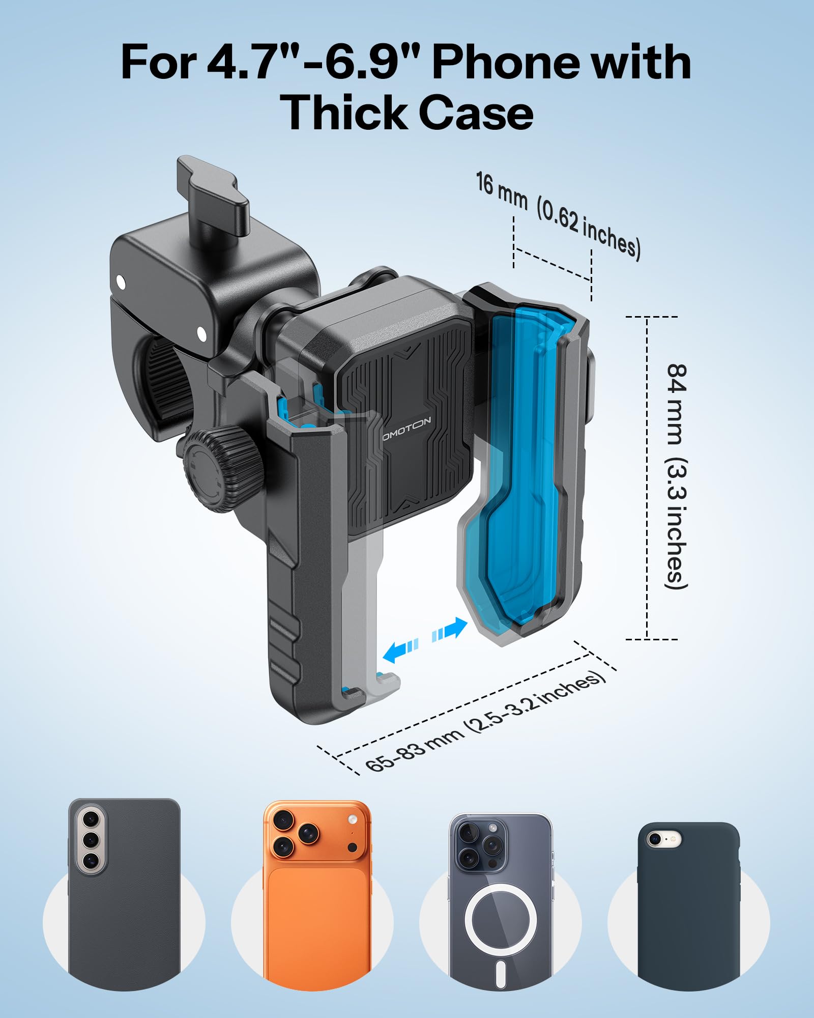 OMOTON BK01 Support de téléphone anti-vibration pour rétroviseur et guidon, support de téléphone de moto résistant aux chocs avec verrouillage rapide, compatible avec iPhone et tous les téléphones
