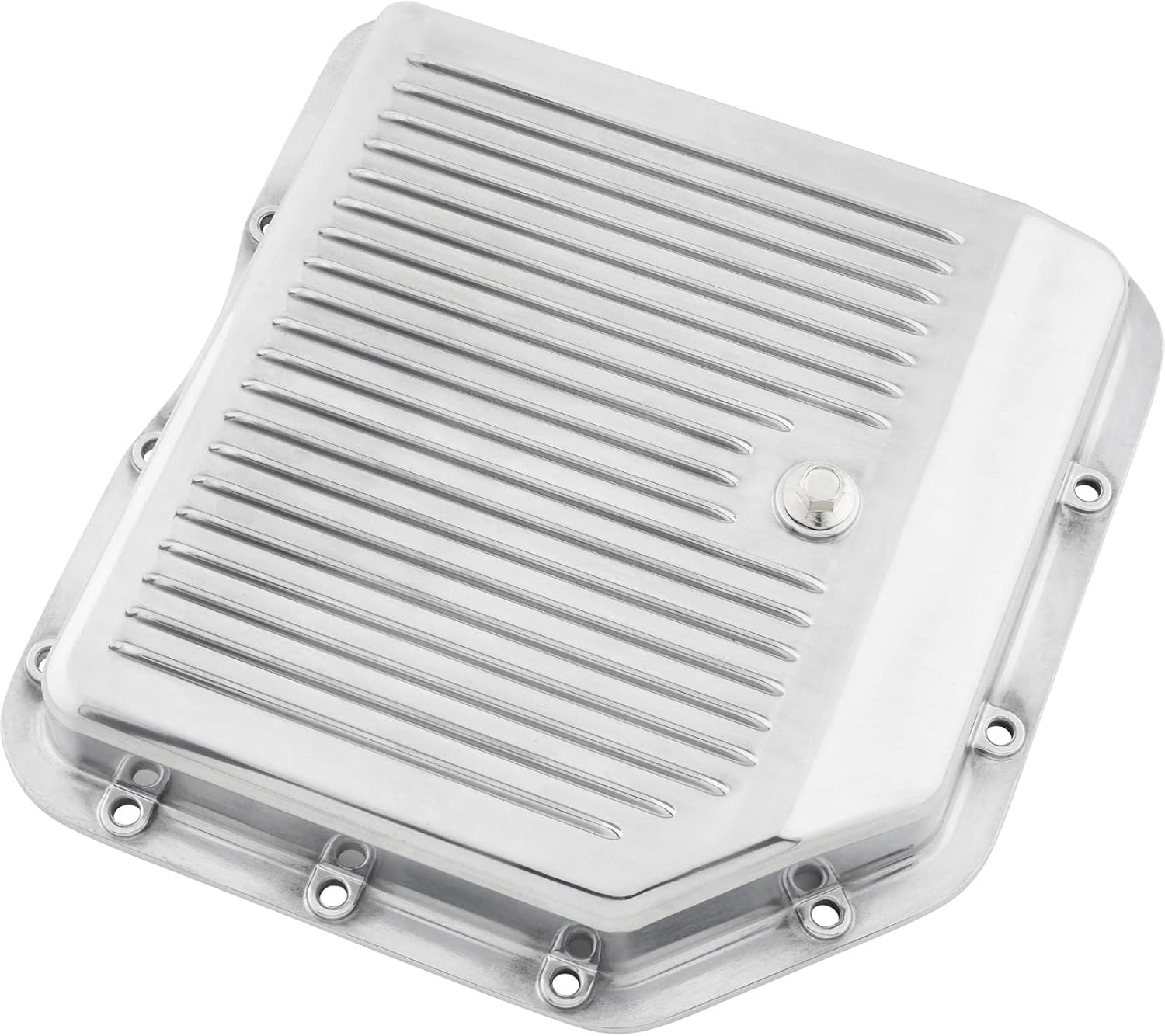 Speedway Motors TH350 Stock-Depth Polished Aluminum Transmission Pan with Cooling Fins, Direct Replacement Cast Pan with Machined Gasket Surface, with a Built-In Drain Plug