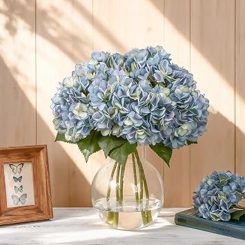 Suncalla 8 Pcs 18 Inch Blue Hydrangea Artificial Flowers with Stems