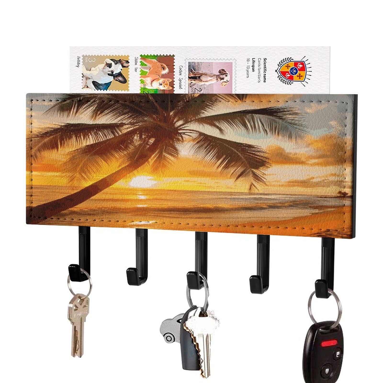 LDGSUPH Tropical Beach Palm Tree Sunset Key Holder Wall Mount Key Hanger with 5 Hooks Fashion Key Organizer Rack Hanging Key Hooks with Mail Organizer Key Rack for Home Entryway Hallway Black-Style