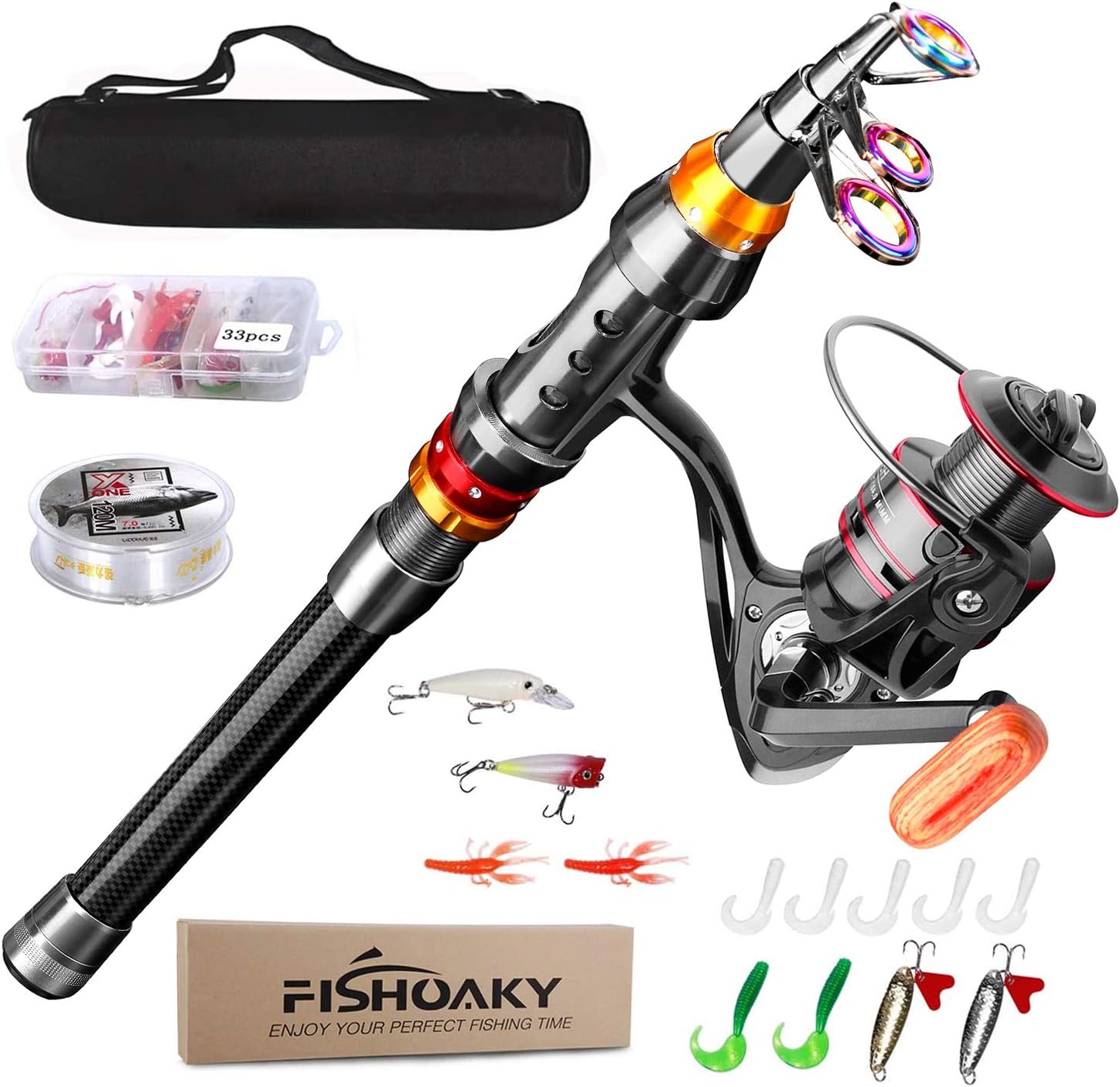 Fishing Rod kit, FISHOAKY Carbon Fiber Reel Combo Pole and Telescopic Fishing with Line Lures Tackle Hooks Reel Carrier Bag for Adults Saltwater Freshwater Travel (1.8)