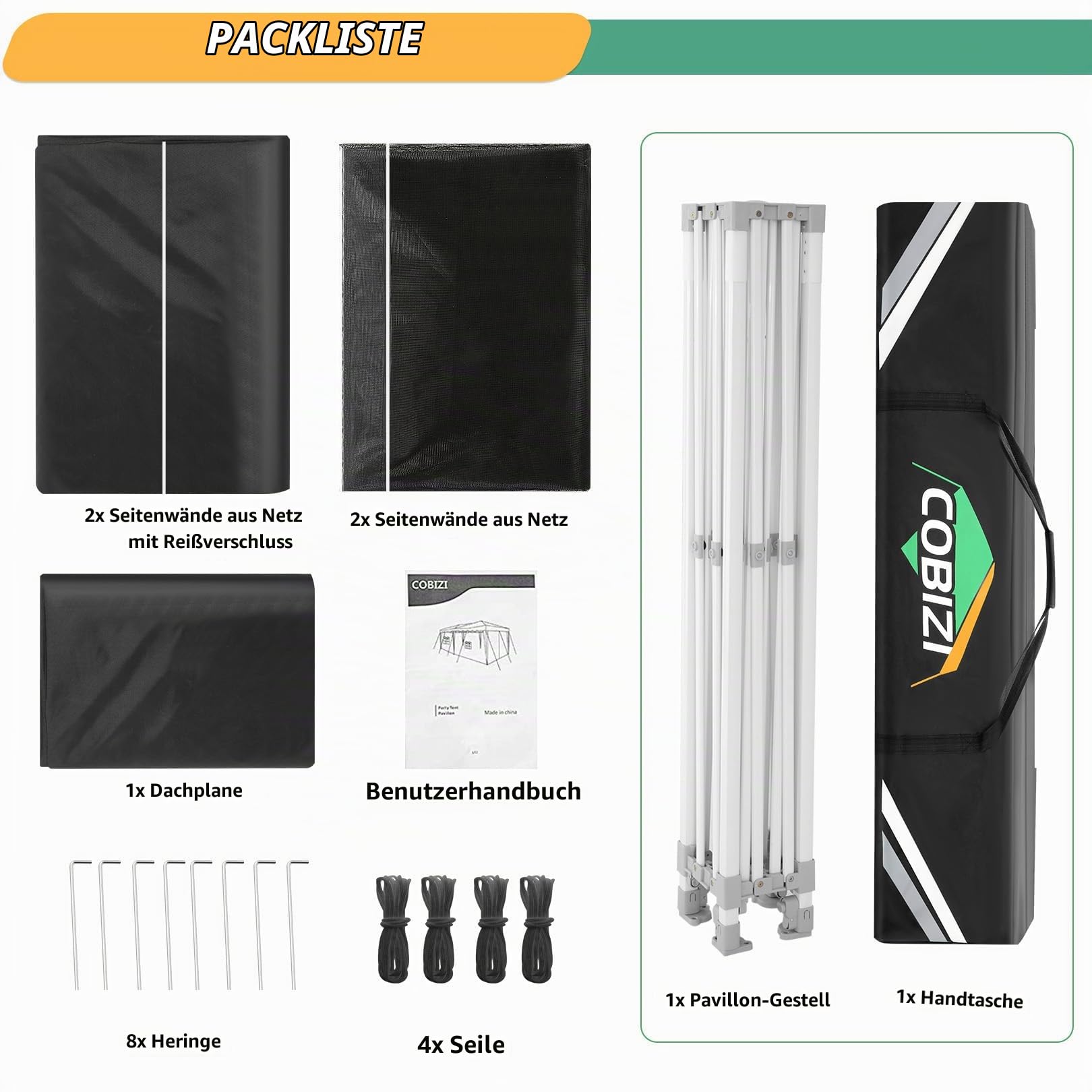 COBIZI Pavillon 3x3 Faltpavillon 3x3 Wasserdicht Stabil, Partyzelt Gartenpavillon UV-Schutz mit 4 Seitenwänden aus Mesh,Schwarz