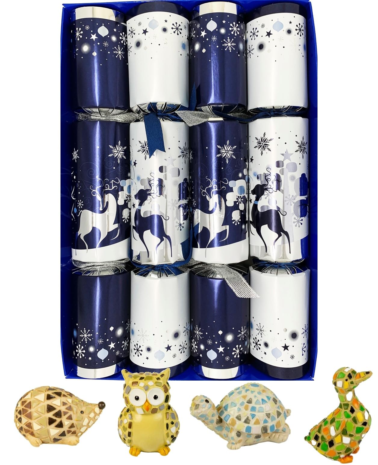 Crackers Ltd Blue, Silver Snowy Forest Christmas Crackers With Mosaic Animal Ornaments, Blue And Silver, Set Of 4