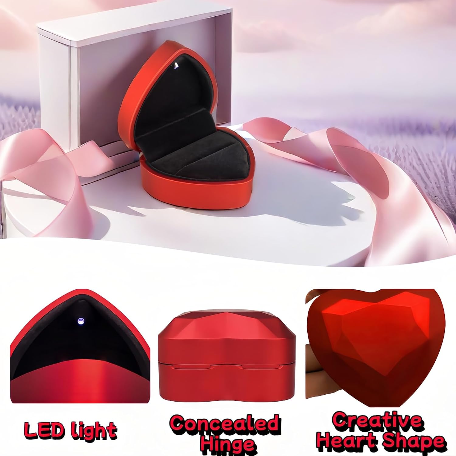 BUBBLE-FLY Heart Shape LED Ring Box, Red Velvet Jewelry Box for Engagement Wedding Proposal, Anniversary Birthday Gift,Red Velvet Interior, Concealed Hinge Design(1Pack)