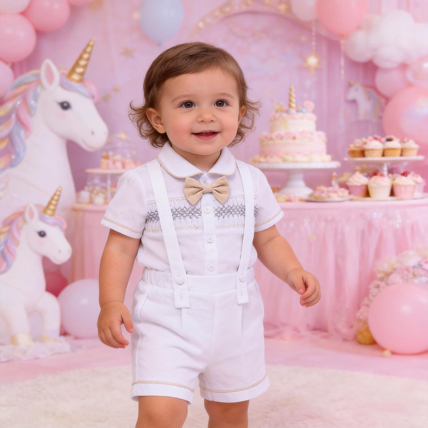 IBTOM CASTLE Baby Boy Formal Outfit Gentleman Bowtie Shirt Suspender Suit 1st Birthday Baptism Wedding Cake Smash Clothes